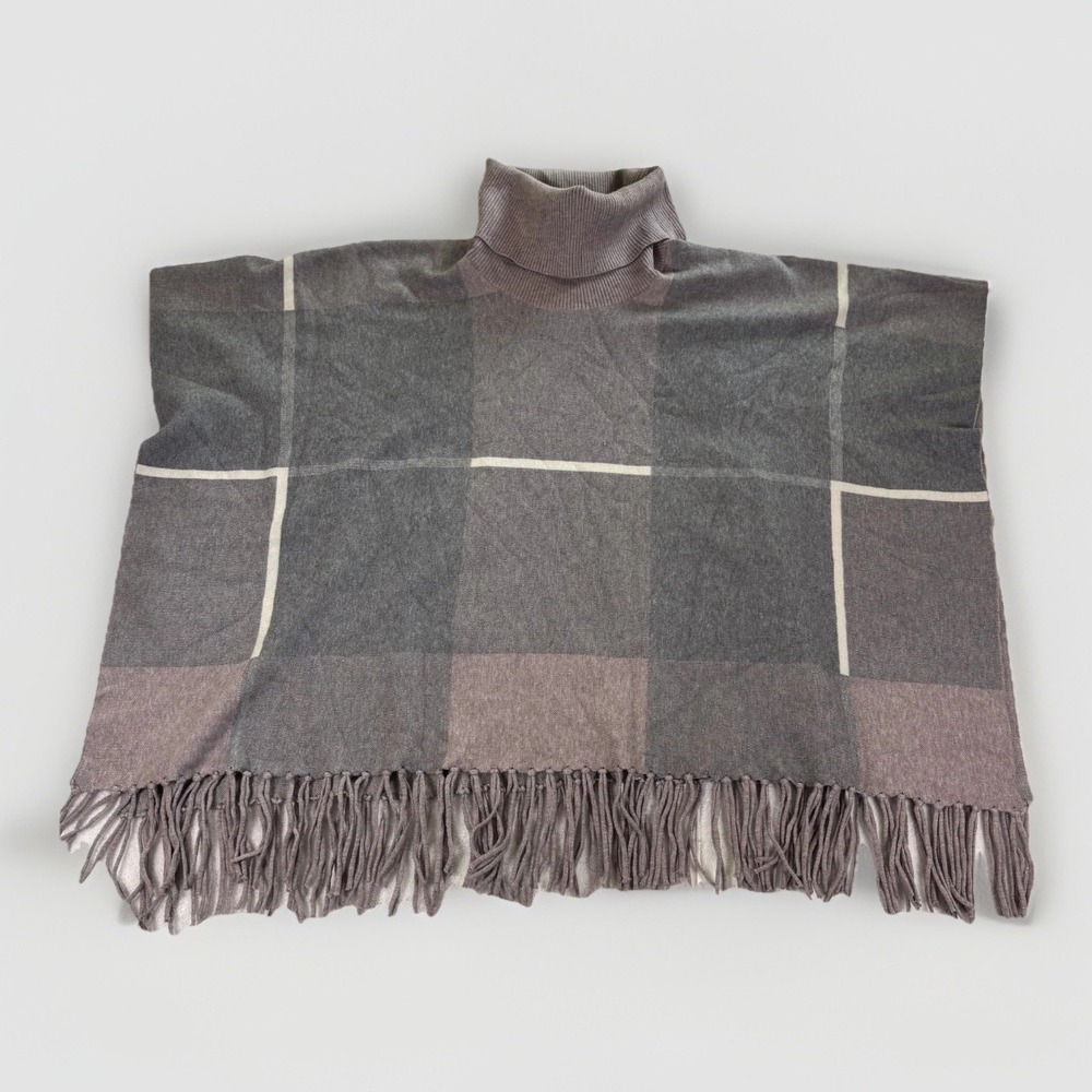 House of Harlow 1960 Poncho Womens OS Grey Mauve Plaid Fringe Turtleneck Boho